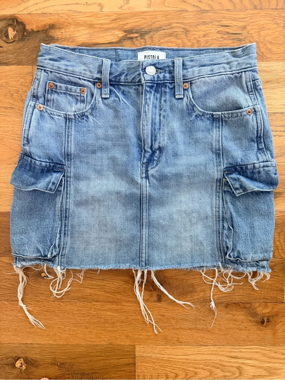 pistola Distressed Light Blue Denim Cargo Mini Skirt